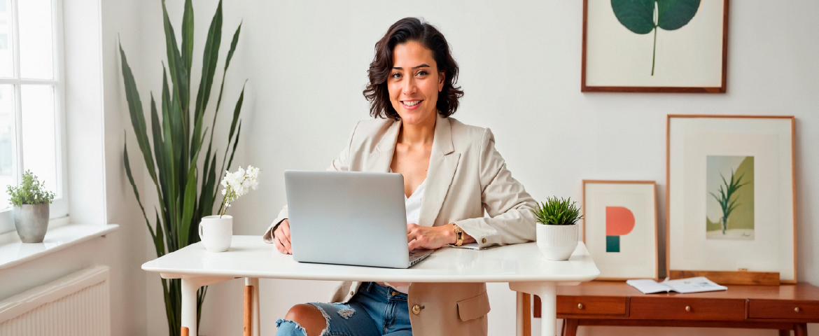 Mulher em abiente de home office trabalhando no laptop
