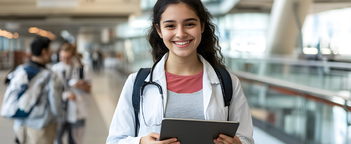 Estudante de medicina sorrindo com estetoscópio no pescoço e tablet nas mãos.