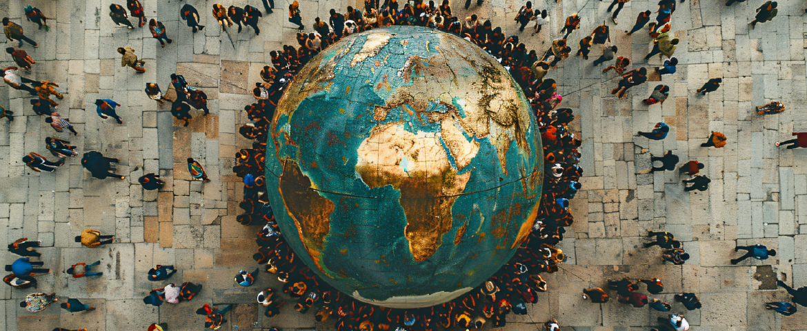 Banner países seguros: globo terrestre ao meio e uma multidão ao entorno.