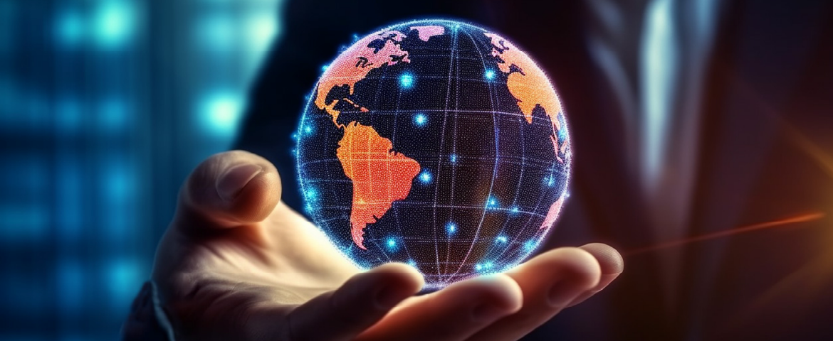 Banner países seguros: mão masculina e um holograma de um globo terrrestre acima