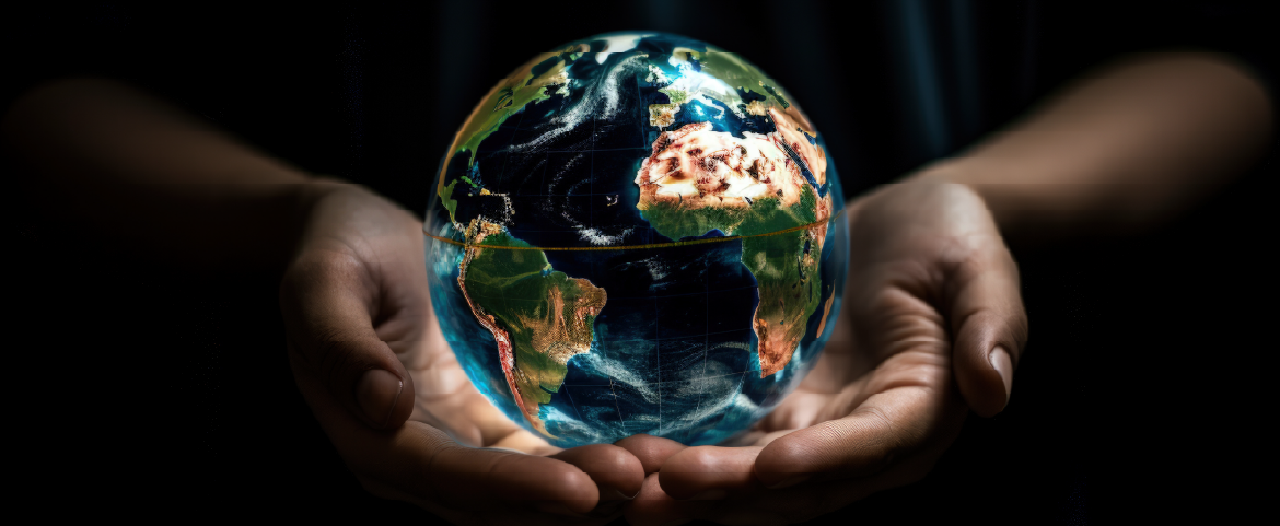 Banner países seguros: mãos segurando um holograma do globo terrestre