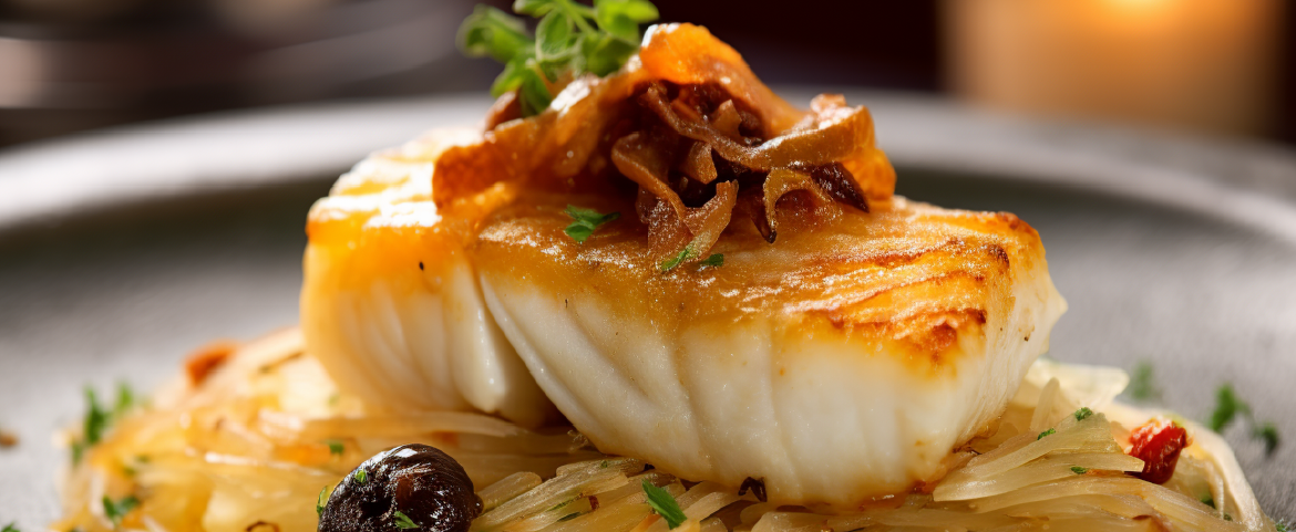 Bacalhau norueguês com batatas, cebolas e salsa, prato símbolo da culinária local.