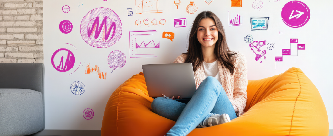 Mulher feliz sentada em uma poltrona bean bag com laptop, vários ícones de marketing digital e gráficos flutuando ao seu redor, em uma paleta de cores rosa e roxo, contra um fundo minimalista.