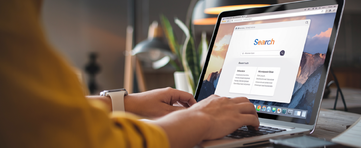 Laptop aberto em um site de busca