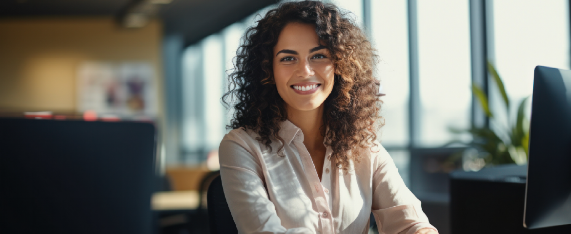 Mulher sorrindo em ambiente de trabalho
