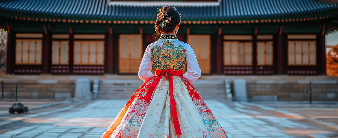 Jovem coreana com roupas típicas da Coreia de frente a um templo.