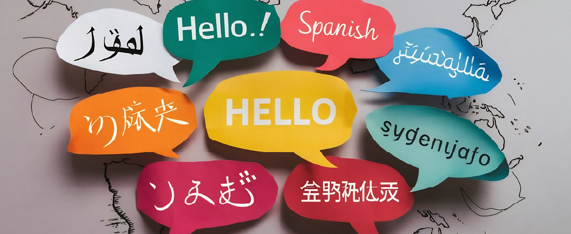 Vários balões de fala coloridos com expressões em diversos idiomas