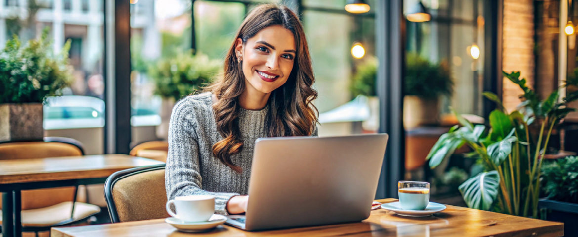 Mulher trabalhando no laptop em um cafe