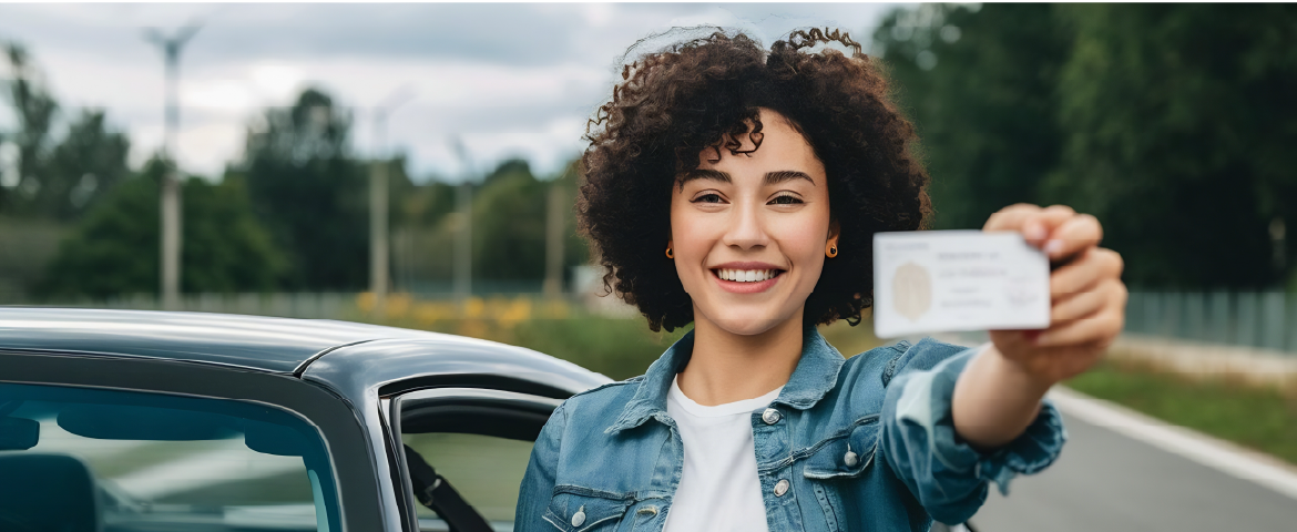 Mulher do lado de fora do carro mostrando sua licença para dirigir