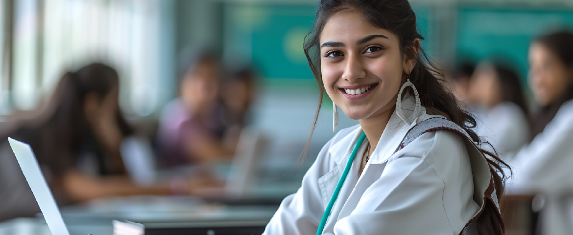 Estudante de Medicina em ambiente de sala de aula