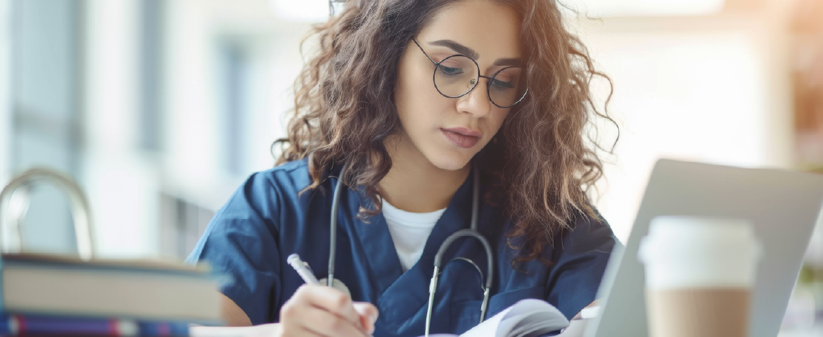Garota de óculos e estetoscópio ao redor do pescoço estudando com livros e laptop
