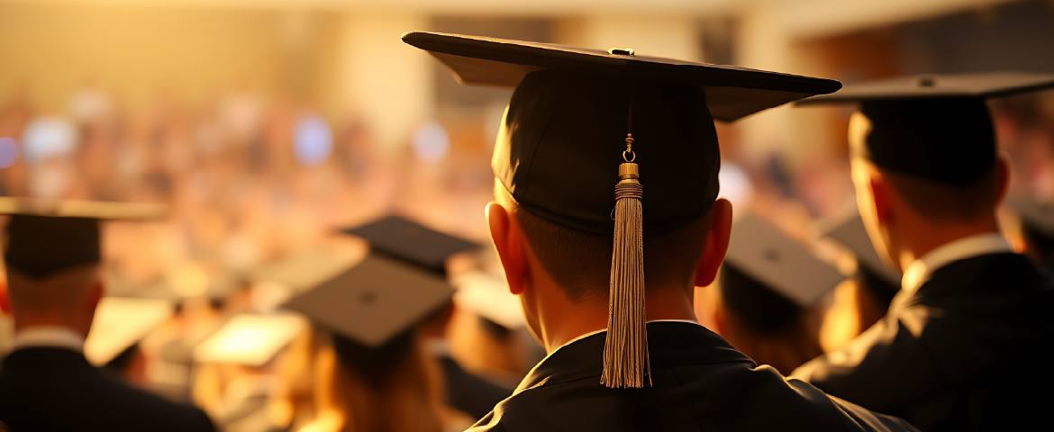 Cerimônia de formatura com várias pessoas de beca.