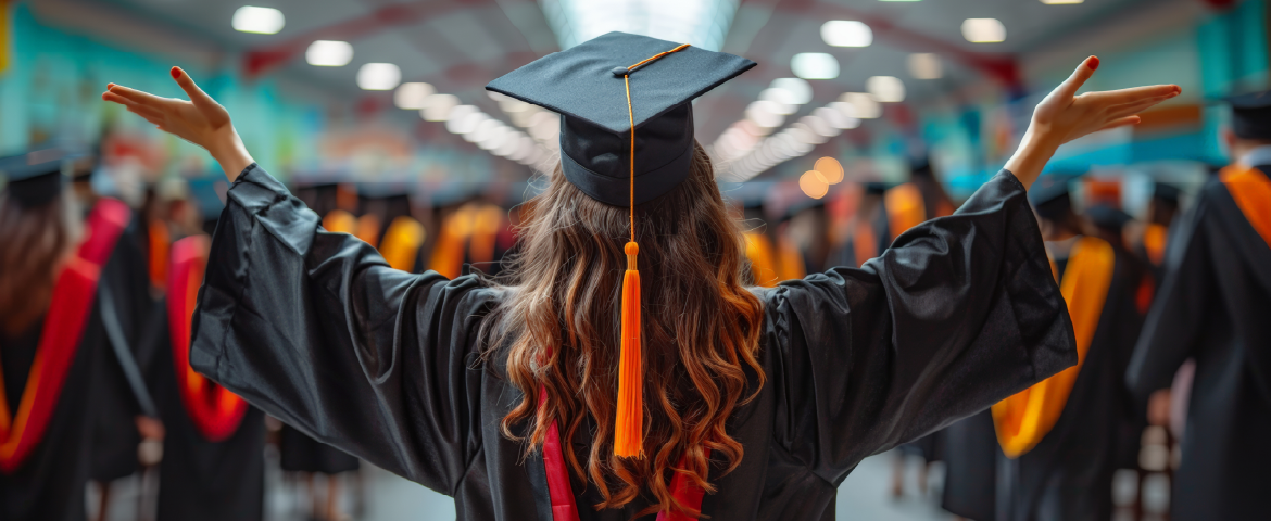 Cerimônia de formatura com vários estudantes vestindo beca e capelo. Uma garota em destaque, de costas e com os braços abertos.