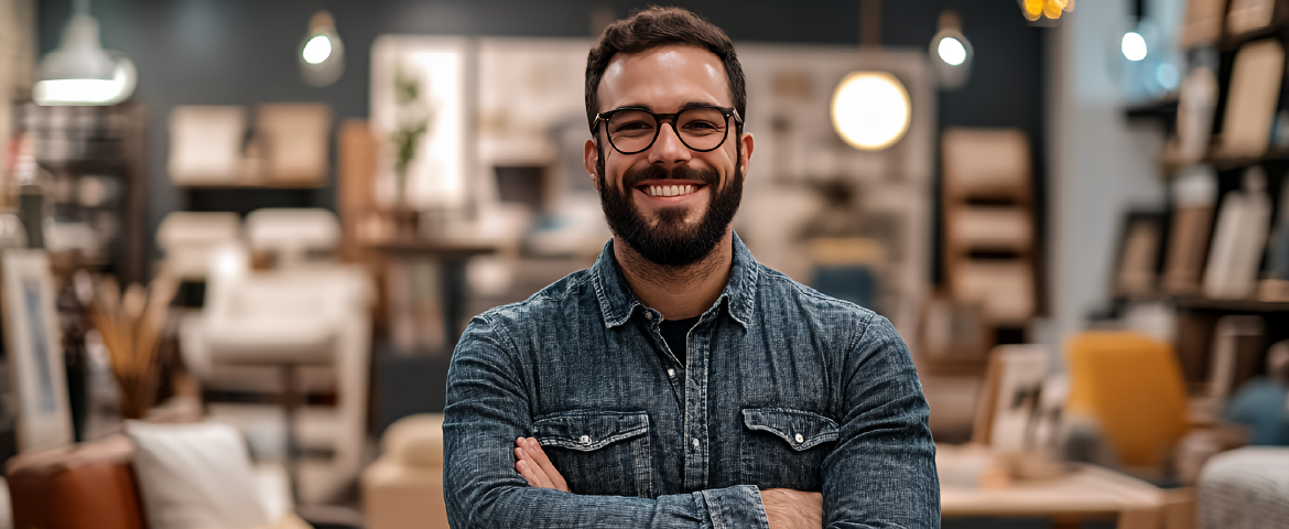 Homem jovem de óculos de grau e sorrindo em uma loja de móveis. Homem jovem de óculos de grau e sorrindo em uma loja de móveis.