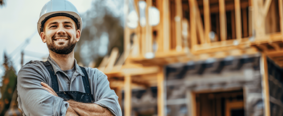 Homem com uniforme de construtor de frente a uma construção Homem de macacão e braços cruzados, sorrindo em frente a uma construção.