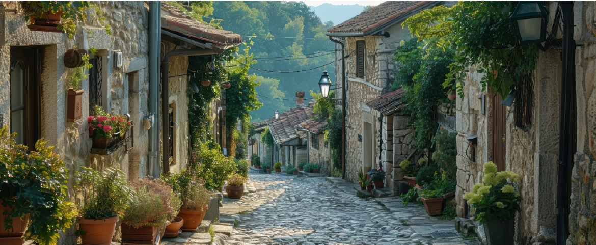Rua de um vilarejo italiano. Rua de um vilarejo italiano com casas antigas e muitas plantas.