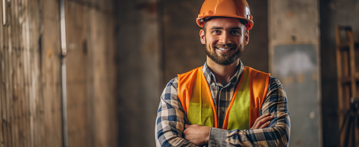 Homem sorrindo e vestindo uniforme de construtor. Homem sorrindo e vestindo uniforme de construtor.