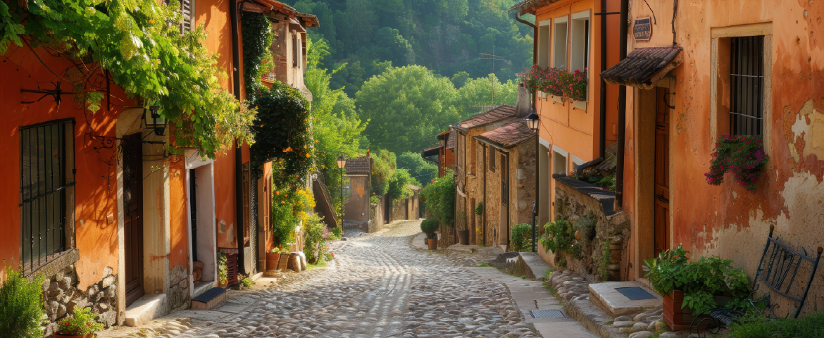 Rua típica de um vilarejo da Itália. Rua típica de um vilarejo da Itália com muita vegetação ao fundo.