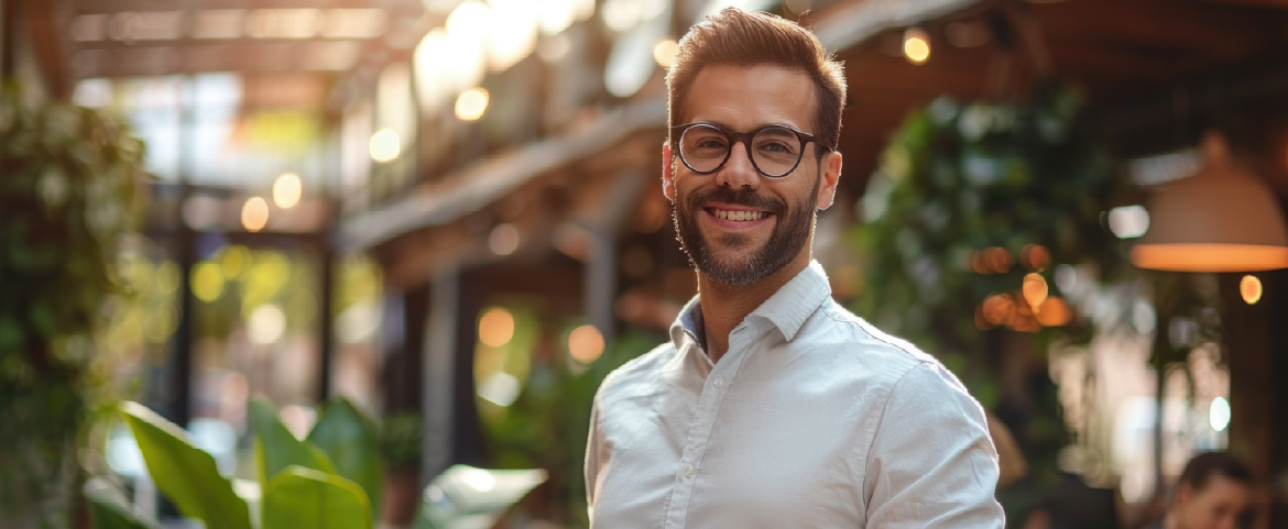 Homem sorrindo em ambiente de trabalho Homem sorrindo em ambiente de trabalho