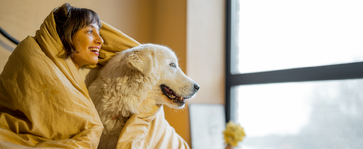 Tutora e seu cão de estimação em cima da cama.